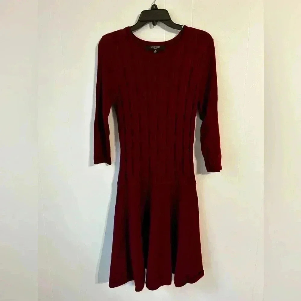 Nine West Burgundy Cable Knit Fit and Flare Sweater Dress 3/4 Sleeve Medium